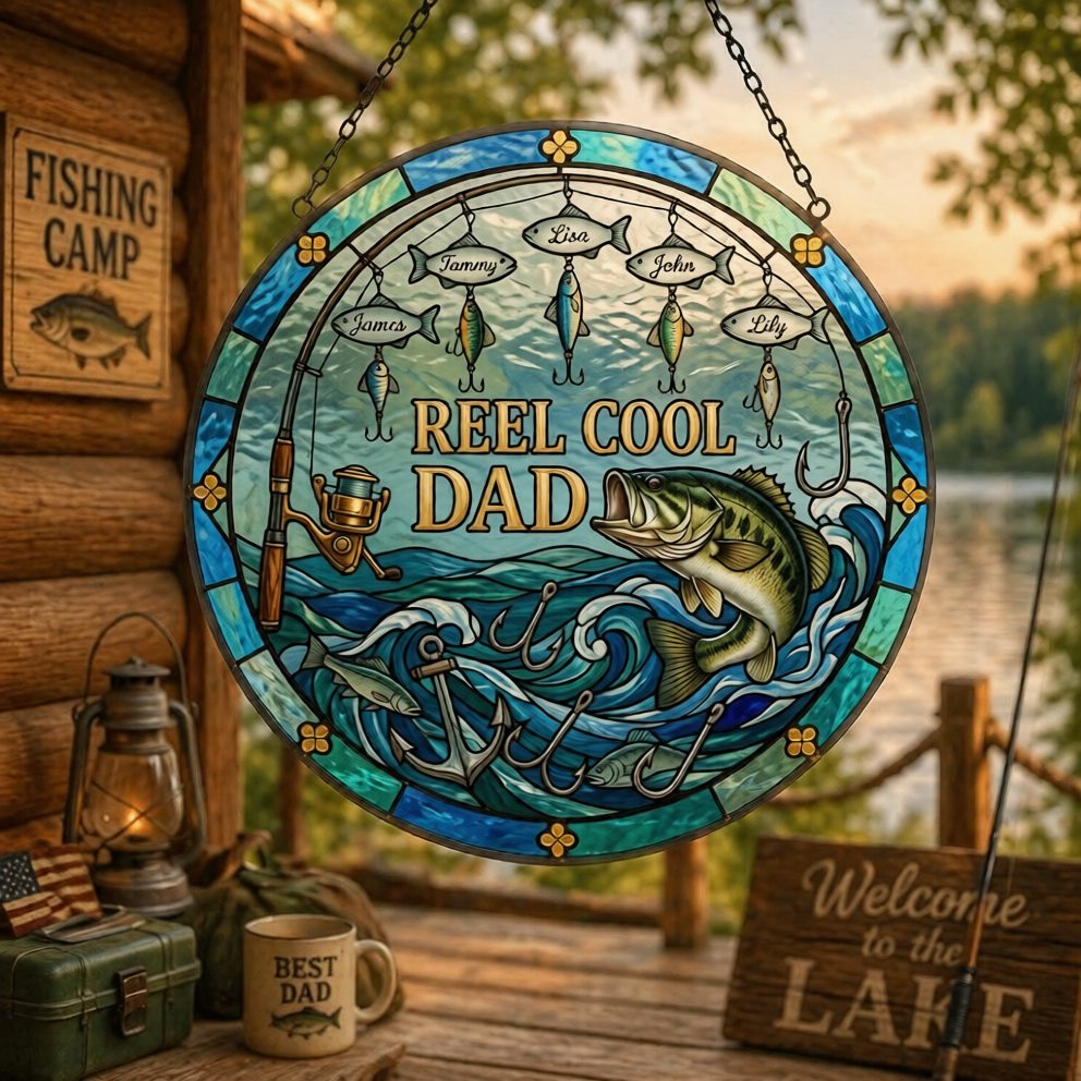 Personalized Reel Cool Dad Fishing Window Hanging Suncatcher, Custom Fisherman Name Acrylic Ornament, Outdoor Patio Sun Catcher Decor