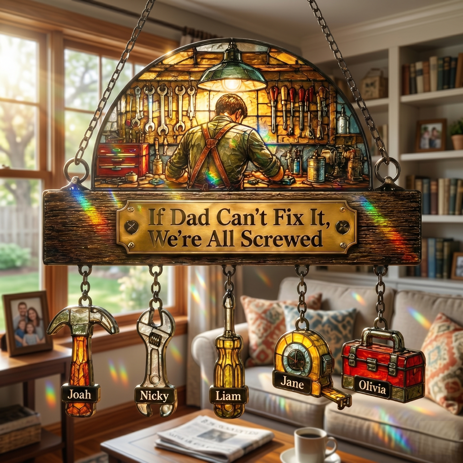 Custom Fix-It Dad Tools Window Suncatcher - Personalized Father's Day Gift - Durable Acrylic Workshop Decor with Hanging Chain