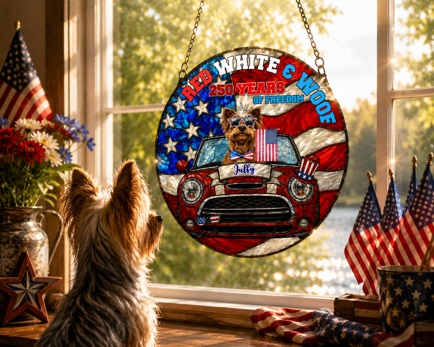Red, White & Woof Personalized July 4th Suncatcher - Custom Dog Name Patriotic Hanging Acrylic Window Decor Ornament