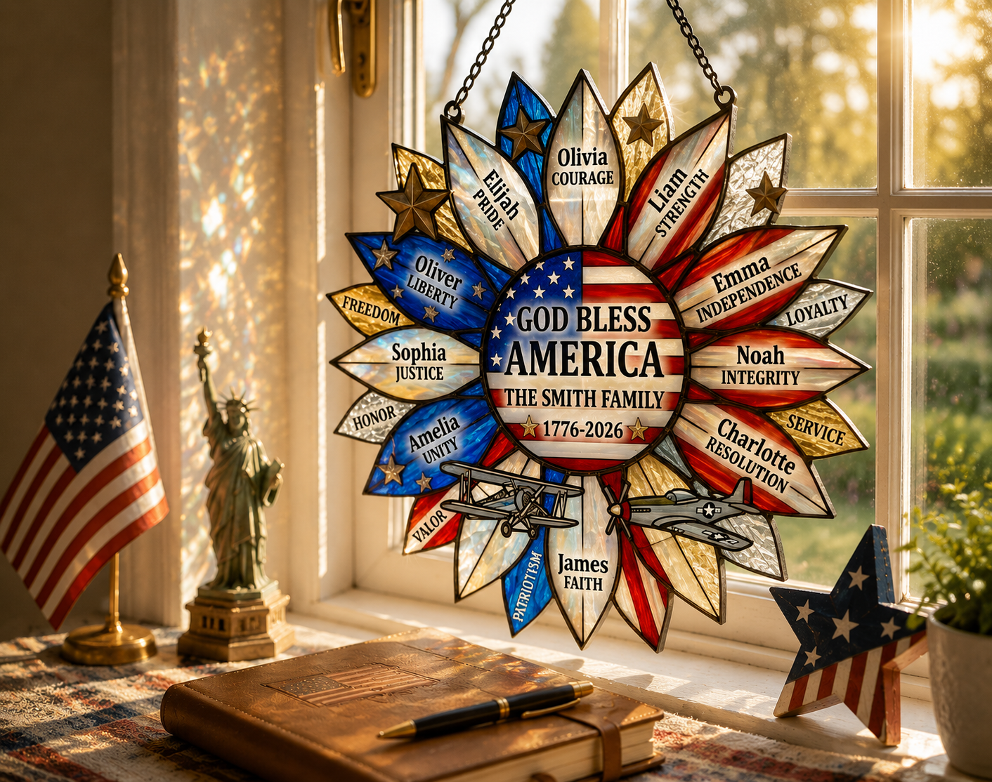 Custom 250th USA Helianthus Family Name Suncatcher Personalized Sunflower Patriotic Hanging Window Decor