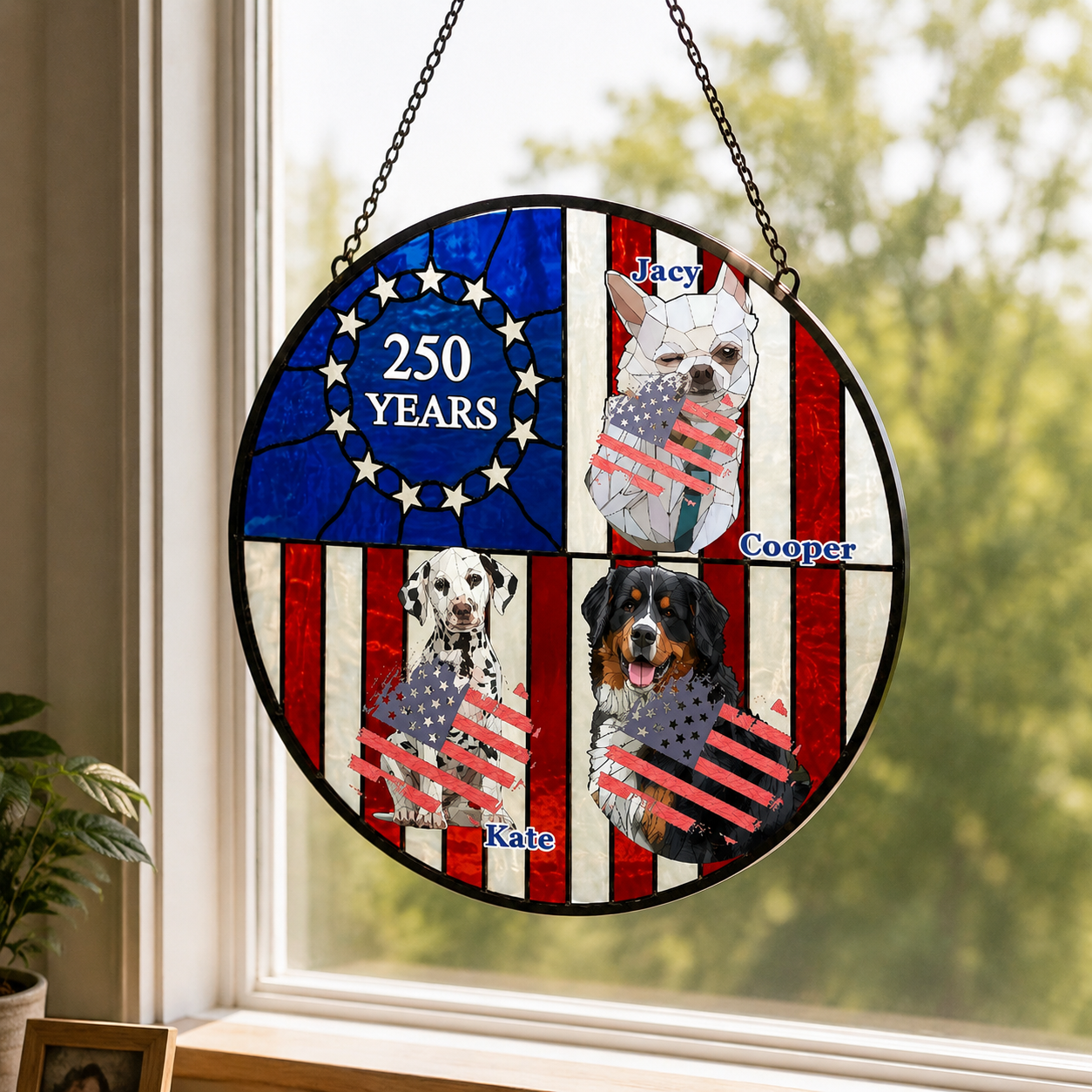 Custom 250 Years USA Patriotic Dog Face Suncatcher Personalized American Independence Day Pet Portrait Hanging Decor