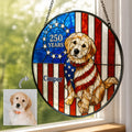 Personalized Patriotic Golden Retriever Suncatcher - Custom Dog Photo and Name Stained Glass Window Hanging - American Flag Pet Memorial