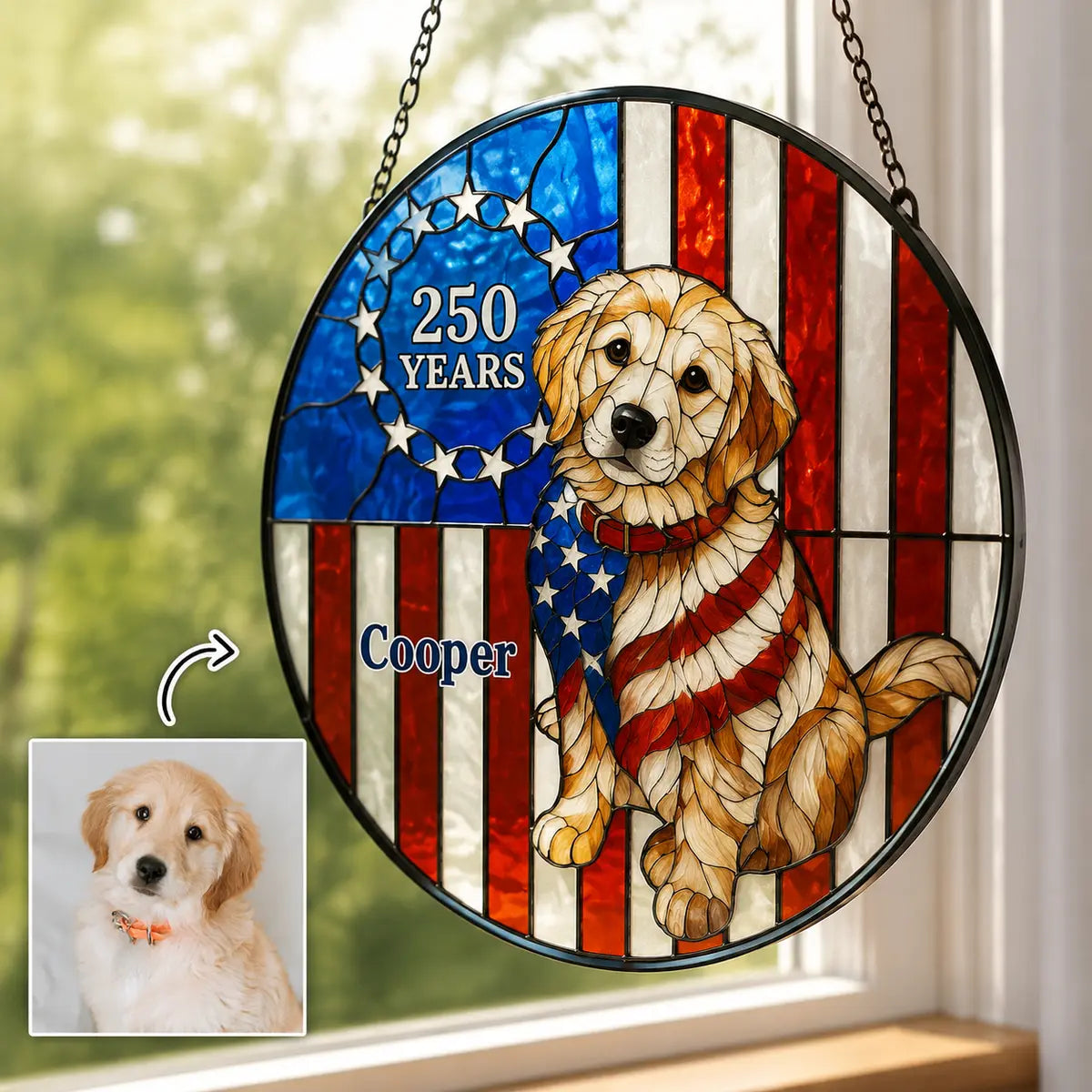 Personalized Patriotic Golden Retriever Suncatcher - Custom Dog Photo and Name Stained Glass Window Hanging - American Flag Pet Memorial