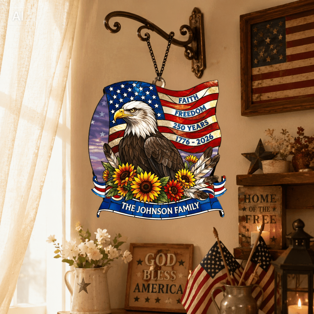 Personalized 1776-2026 Eagle Faith Freedom Family Name Stained Glass Suncatcher Custom Patriotic American Heritage Window Decor
