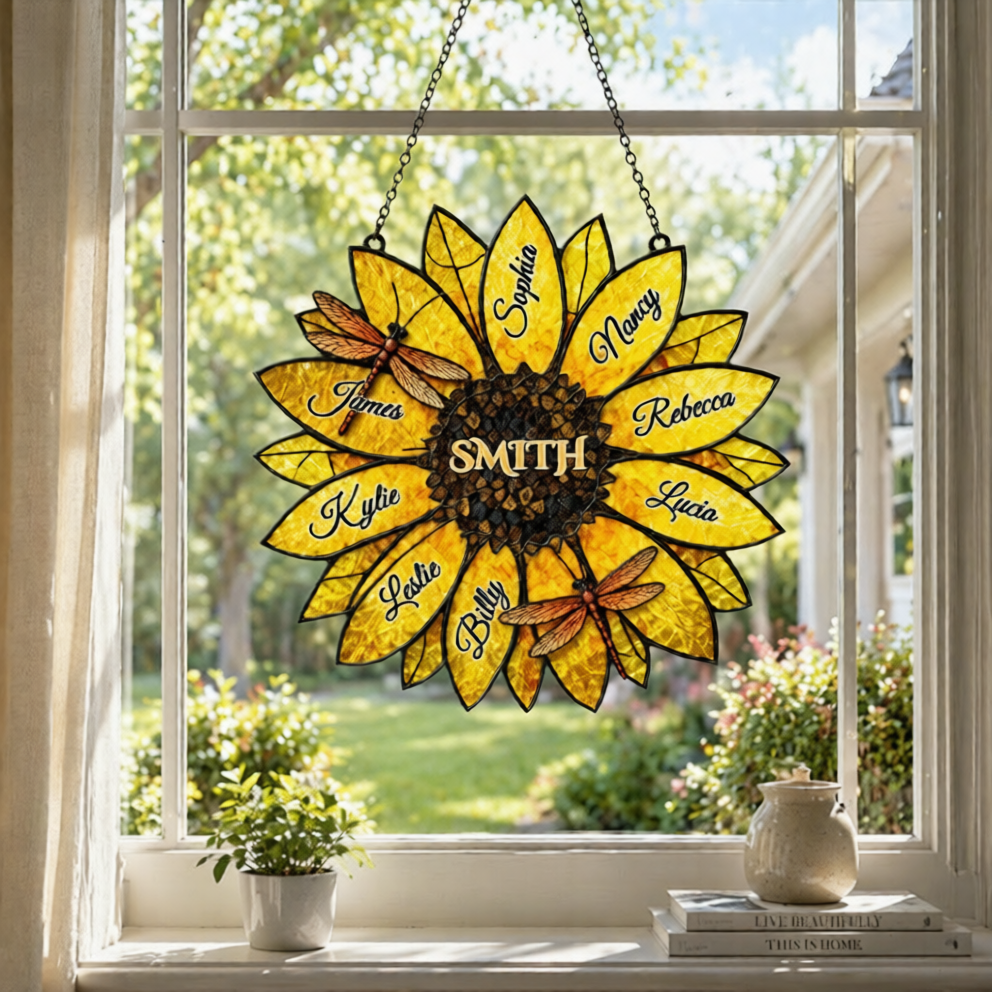 Custom Family Legacy Sunflower Suncatcher - Personalized Name Stained Glass Style Floral Window Hanging Ornament for Home Decor and Gifts
