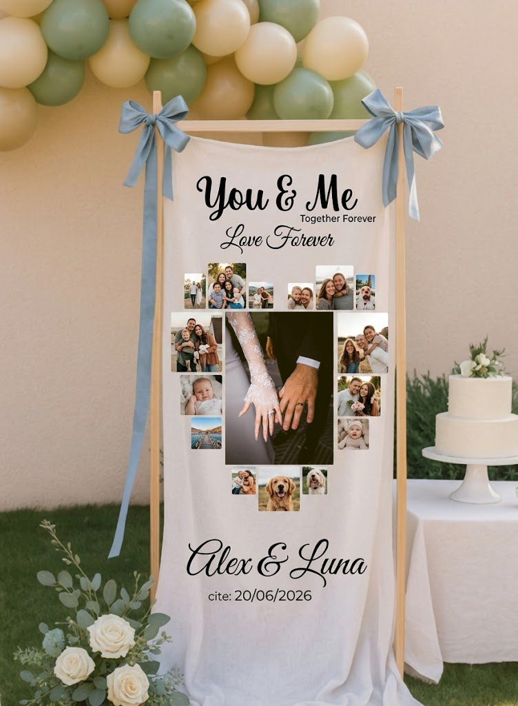 Personalized You & Me Wedding Photo Heart Banner - Custom Couple Picture Backdrop for Ceremony Reception and Anniversary Party Decor