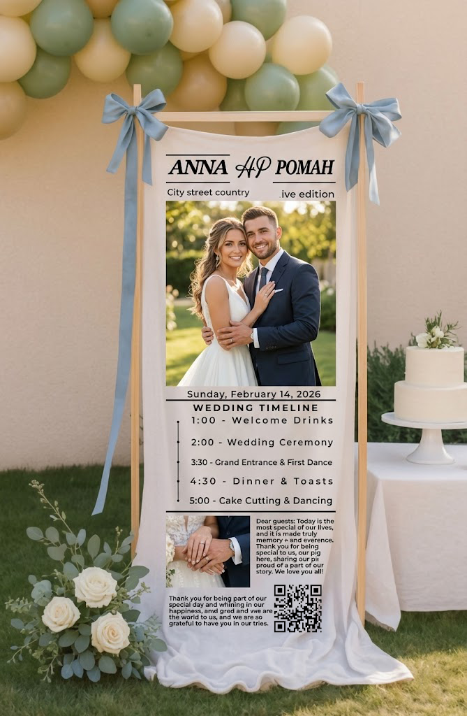 Personalized Wedding Newspaper Timeline Signage Custom Event Schedule Banner with Couple Names and Date for Ceremony Decor