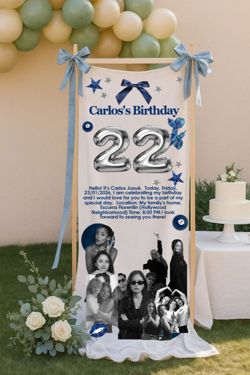 Personalized Navy Silver Birthday Welcome Banner Custom Name and Age Celebration Backdrop Party Decor Sign