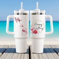 Personalized Floral Wedding Gift Couple Tumbler - Custom Bride and Groom Insulated Travel Cup with Floral Design and Personalized Names