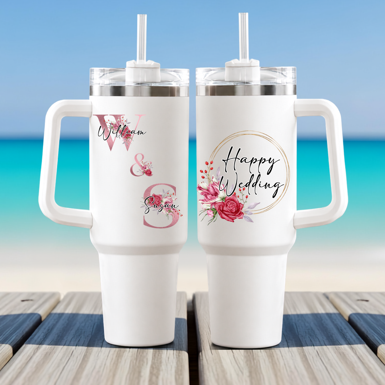Personalized Floral Wedding Gift Couple Tumbler - Custom Bride and Groom Insulated Travel Cup with Floral Design and Personalized Names