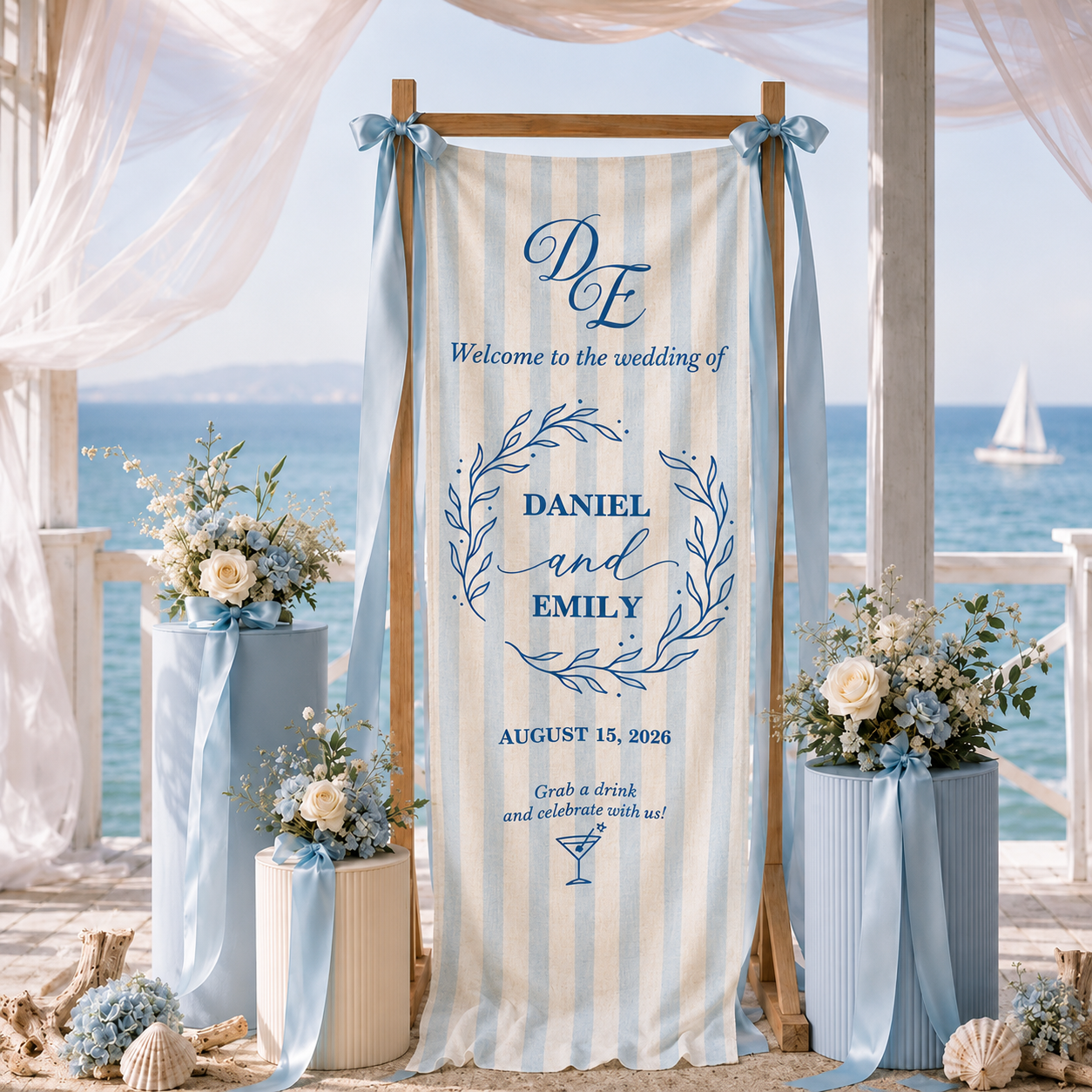 Personalized Wedding Welcome Banner Custom Couple Names Date Floral Backdrop Fabric Ceremony Sign Decoration Portable Lightweight