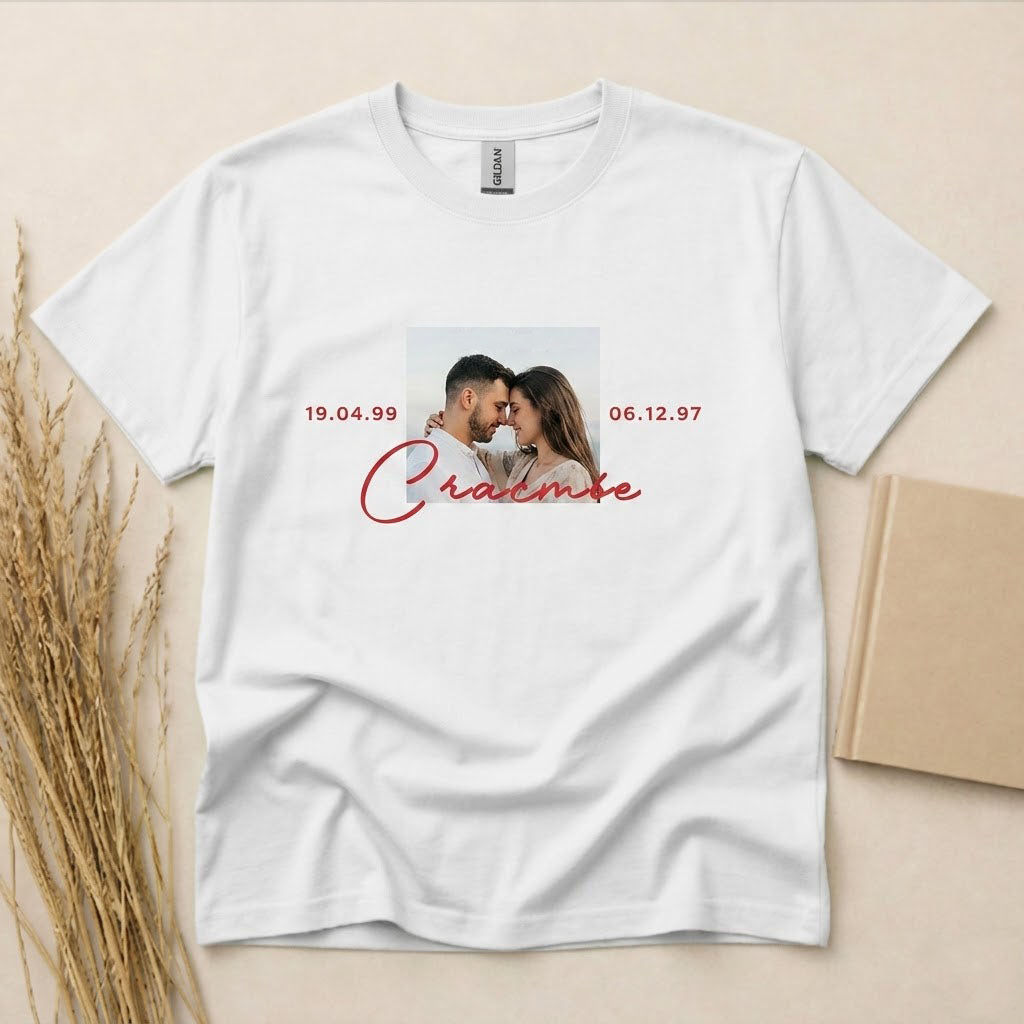 Personalized Happy Anniversary Date Photo T-Shirt Custom Picture Names Anniversary Gift for Couples Lightweight Breathable Soft Cotton Tee