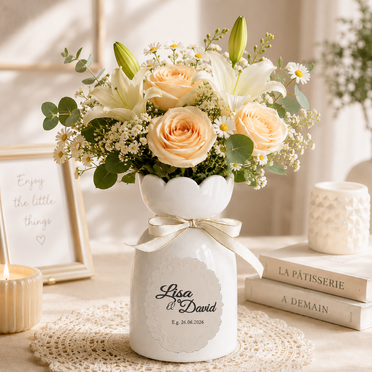 Personalized Wedding Vase - Custom Couple Names and Date Ceramic Flower Vase - Durable White Decorative Keepsake for Anniversary Gift