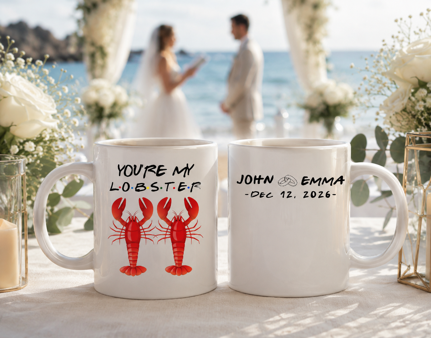 Personalized You're My Lobster Beach Wedding Mug - Custom Couple Ceramic Coffee Cup with Nautical Starfish Design and Names