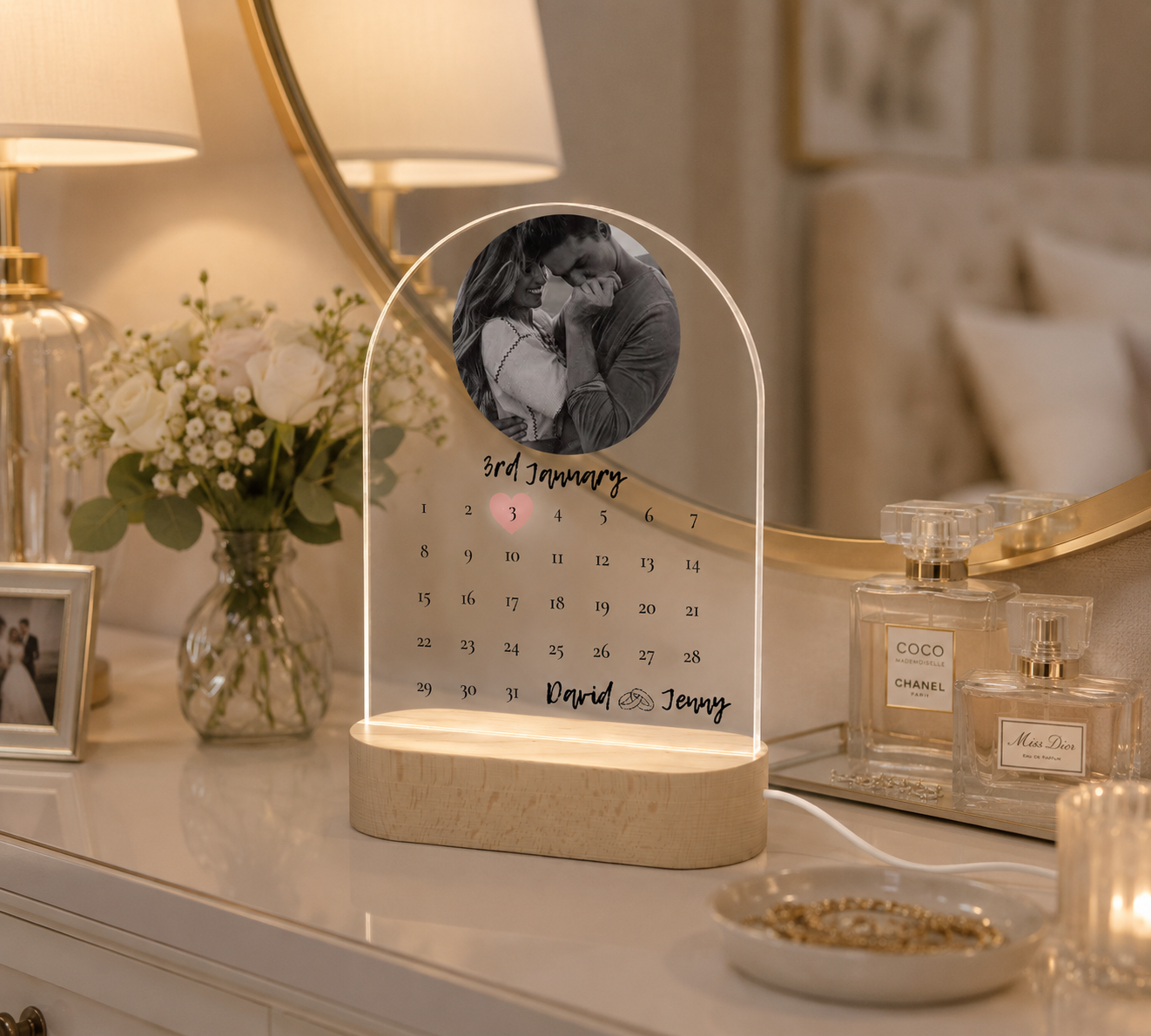 Personalized Custom Photo Calendar Night Light Wedding Gift with Wood Base and Acrylic LED Plaque for Anniversary or Couple Keepsake