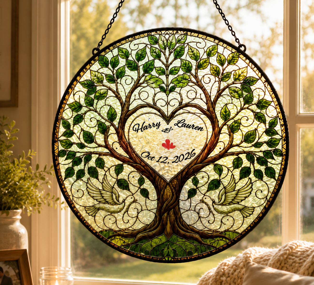 Custom Stained Glass Wedding Tree Suncatcher - Personalized Couple Names and Date Anniversary Gift - Hanging Glass Window Art Decor