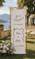 Personalized Cotton Linen Engagement Tapestry Custom We Are Engaged Celebration Sign with Elegant Script and Wavy Frame Backdrop