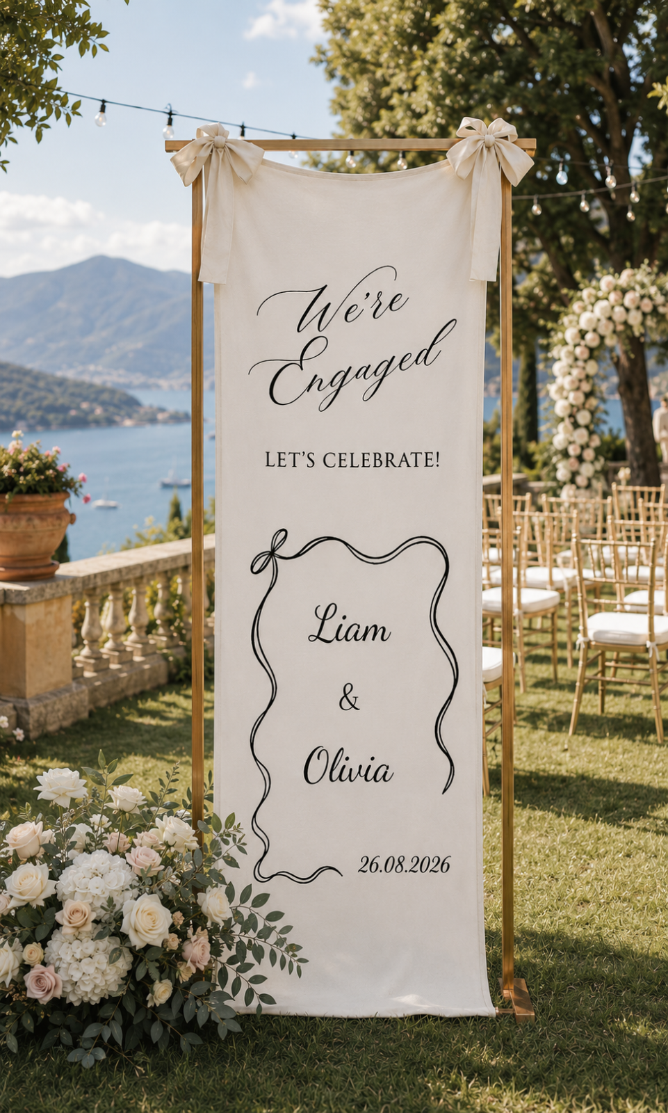 Personalized Cotton Linen Engagement Tapestry Custom We Are Engaged Celebration Sign with Elegant Script and Wavy Frame Backdrop