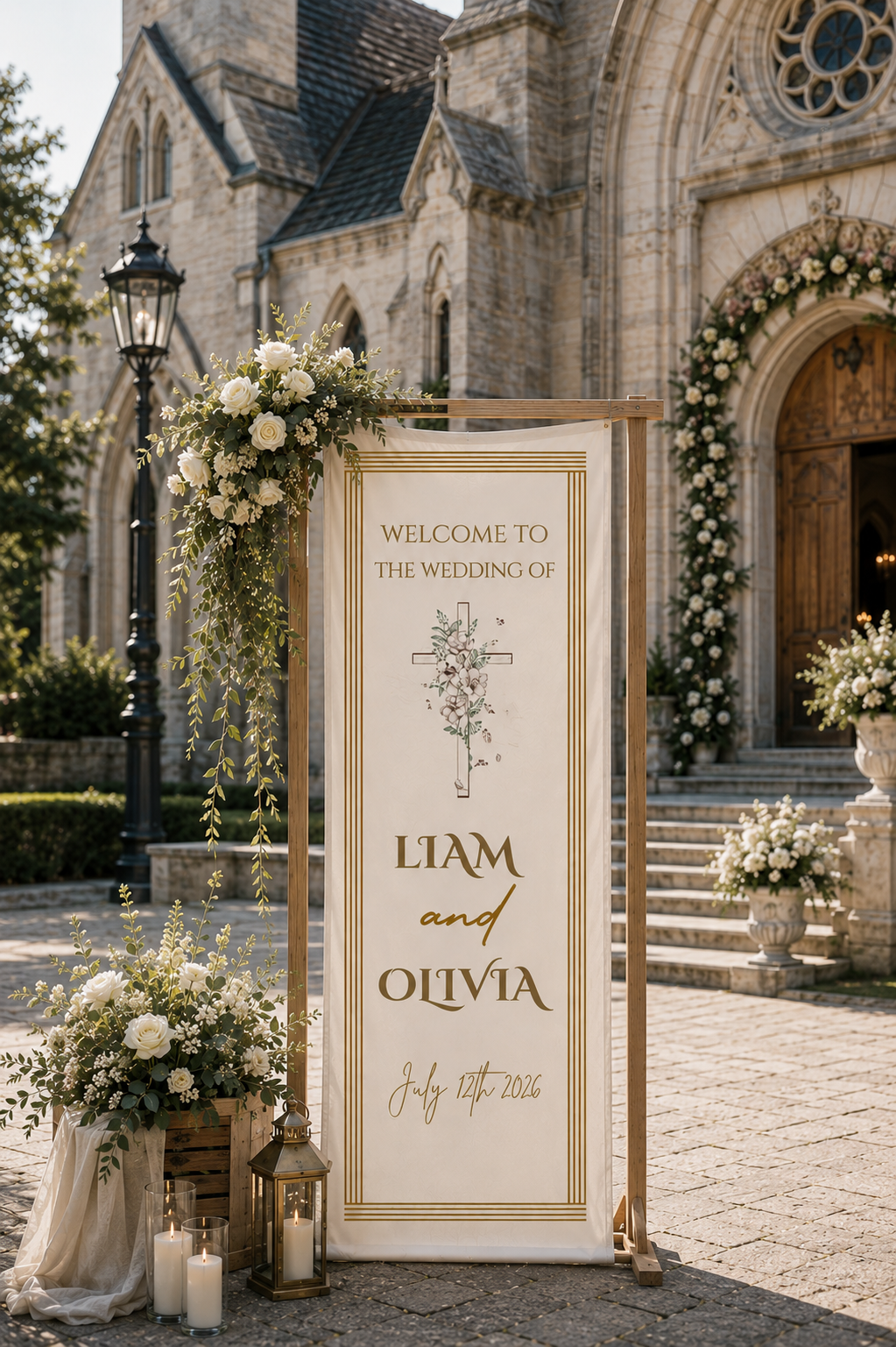Personalized Cotton Linen Wedding Tapestry Custom Welcome Sign with Gold Frame Botanical Line Art and Couple Names