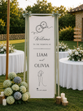 Personalized Cotton Linen Wedding Tapestry Custom Welcome Sign with Wedding Rings Couple Line Art and Elegant Calligraphy Wall Decor