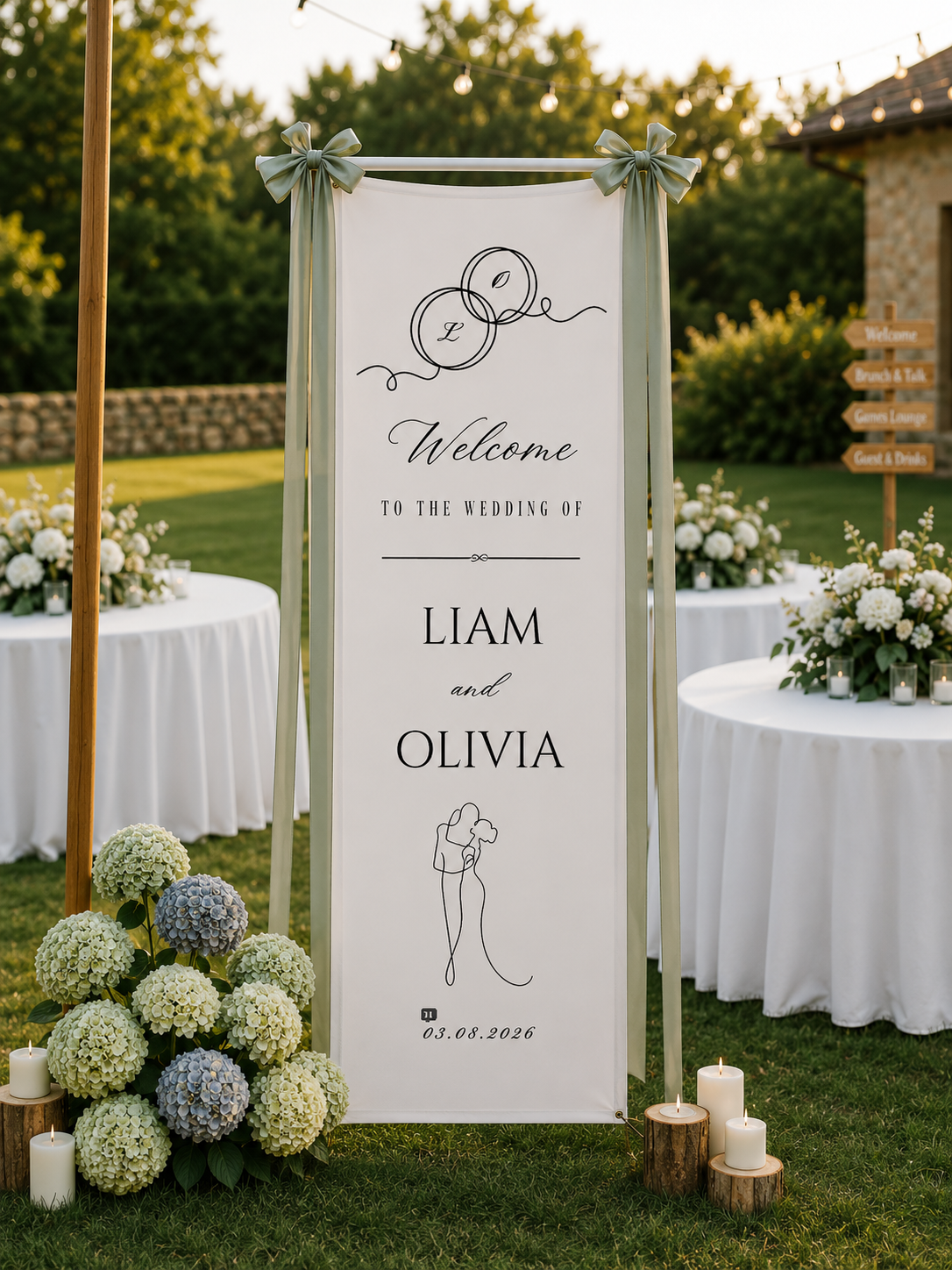 Personalized Cotton Linen Wedding Tapestry Custom Welcome Sign with Wedding Rings Couple Line Art and Elegant Calligraphy Wall Decor