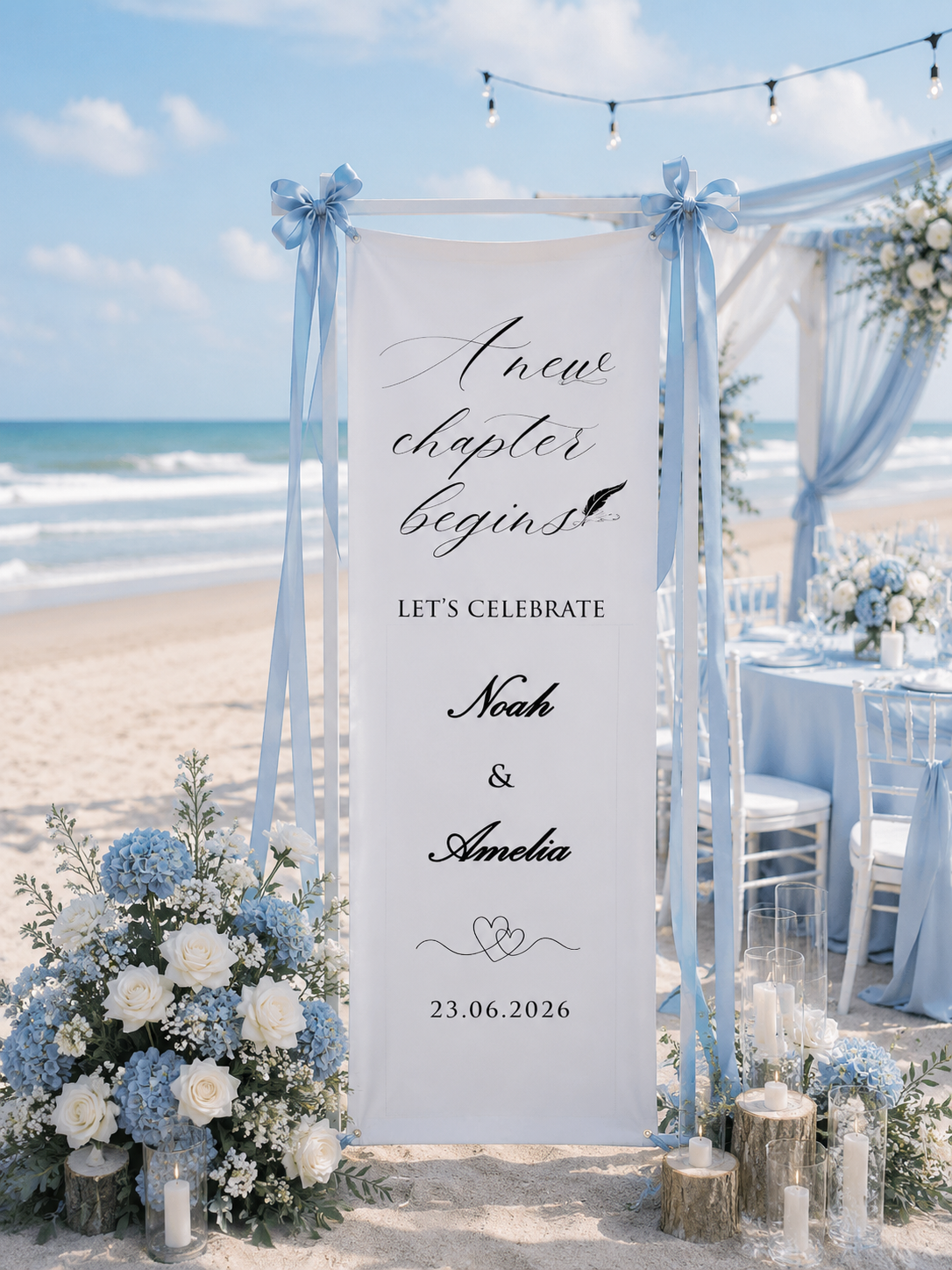 Personalized Cotton Linen Celebration Tapestry Custom A New Chapter Begins Sign with Elegant Script Couple Names and Heart Line Art