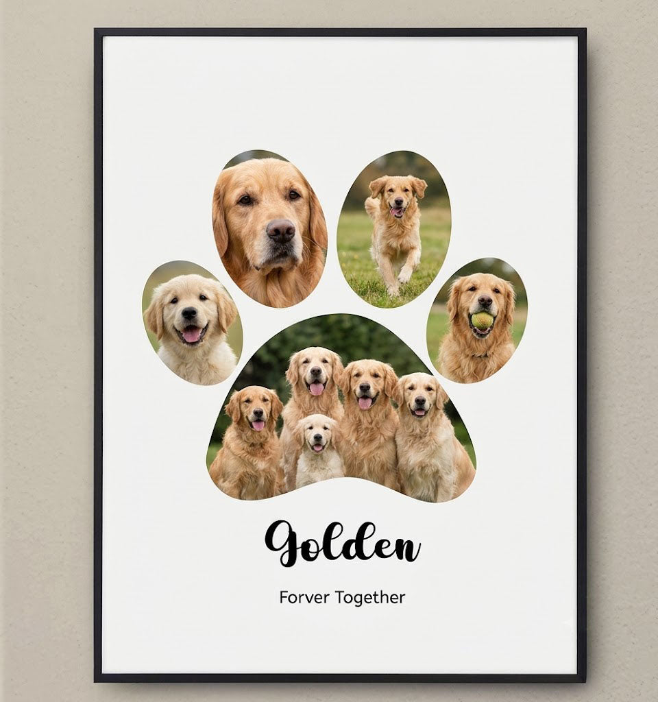 Personalized Paw Print Pet Photo Collage Poster - Custom Dog Cat Memorial Wall Art Canvas Print with Multiple Photos and Pet Name