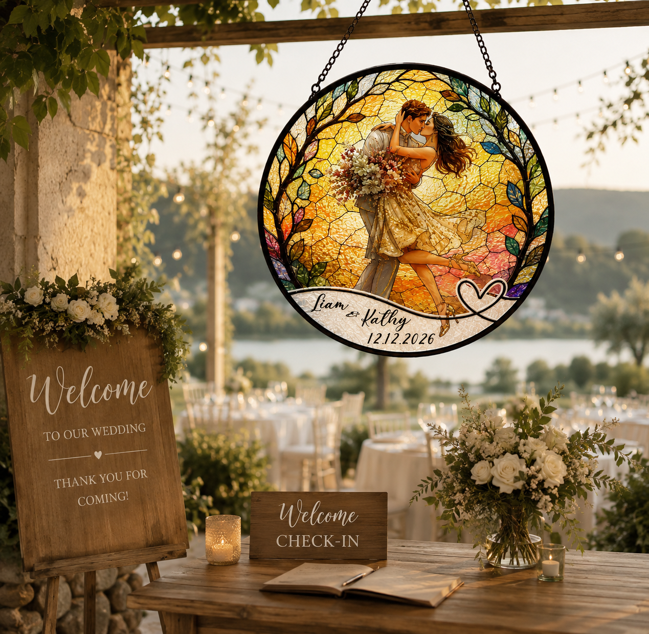 Custom Bride and Groom Suncatcher Personalized Wedding Gift for Couples Stained Glass Style Decorative Hanging Keepsake