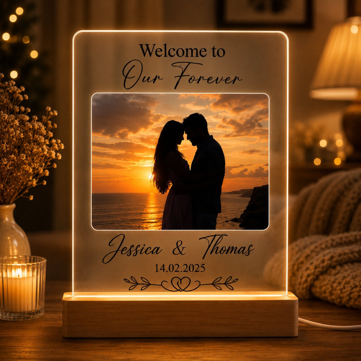 Custom LED Night Light for Couples Personalized Name and Date Design Acrylic Plaque with Wood Base Warm Glow Bedside Lamp