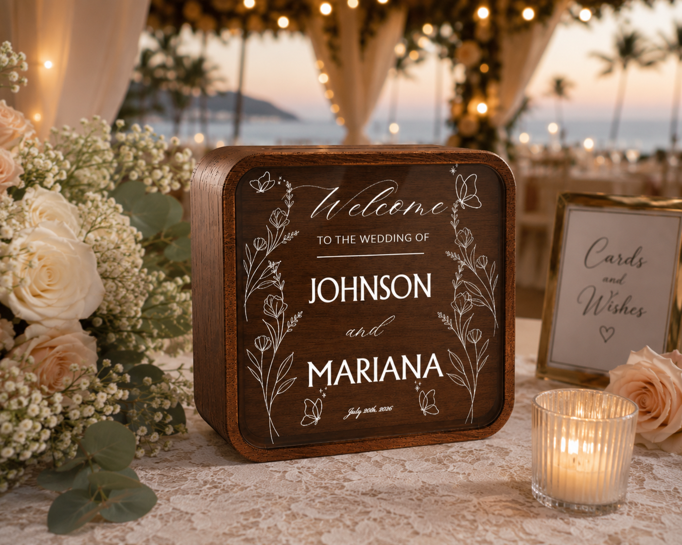 Personalized Wedding Celebration Box - Custom Couple Names Floral Butterfly Design Wedding Keepsake Memory Box Wood Decor