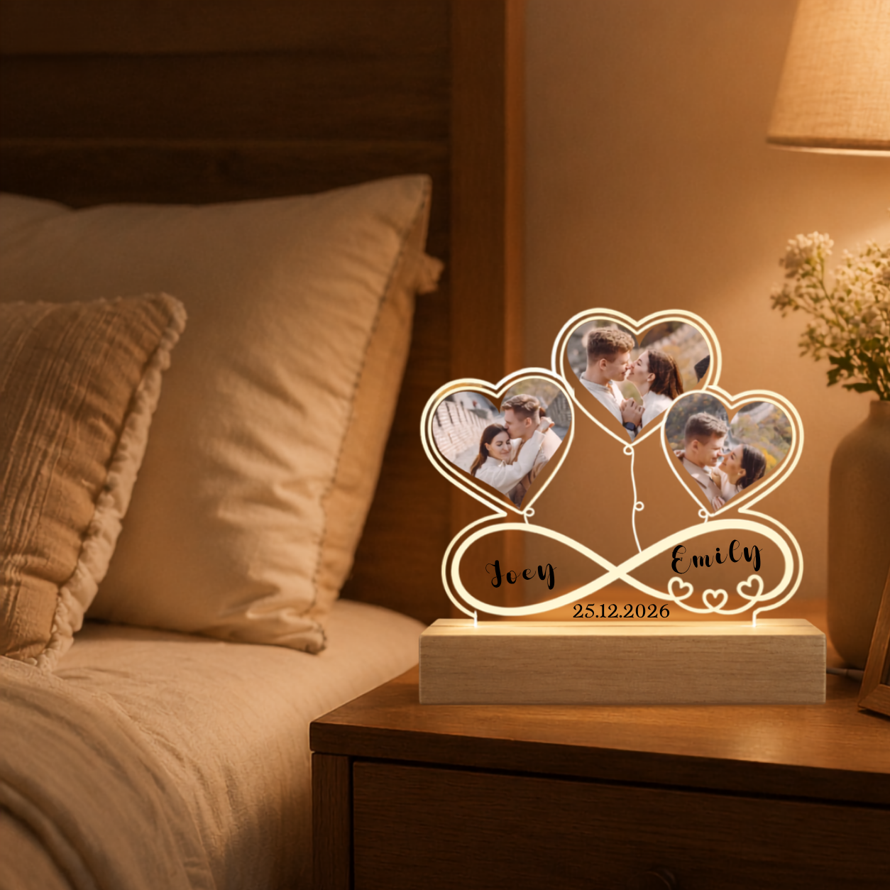 Custom Photo LED Lamp Wedding Gift for Couples Personalized Night Light with Wood Base and Acrylic Picture Display for Marriage Keepsake