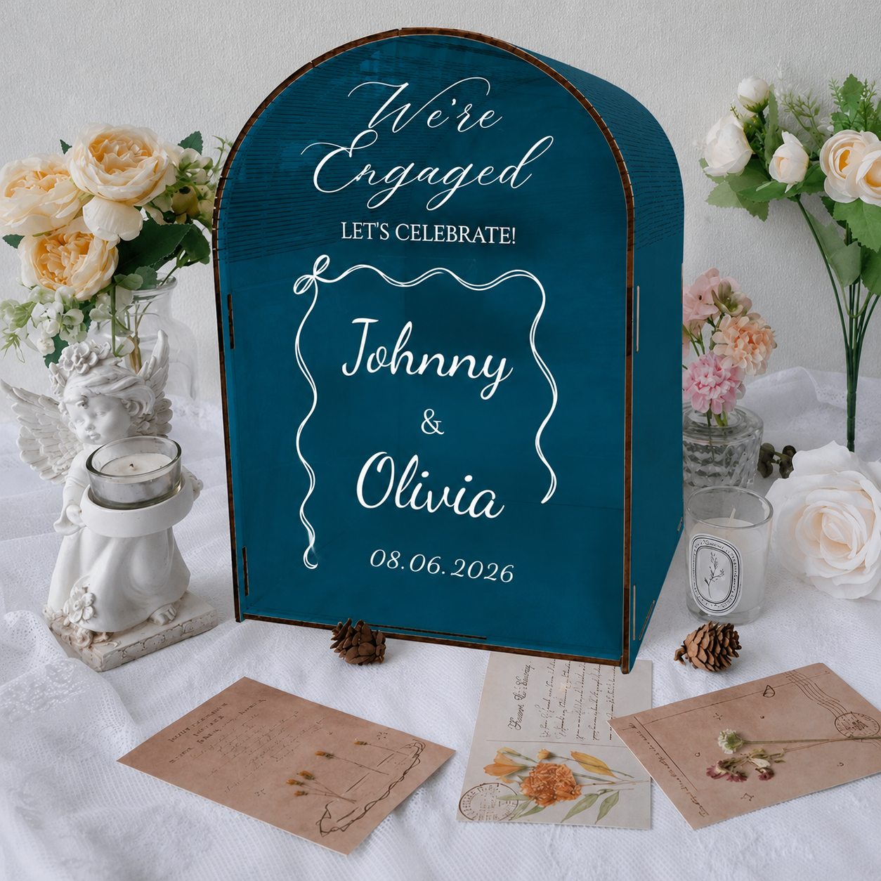 Personalized Engagement Celebration Box - Custom We’re Engaged Design with Couple Names, Date and Wavy Frame Accent
