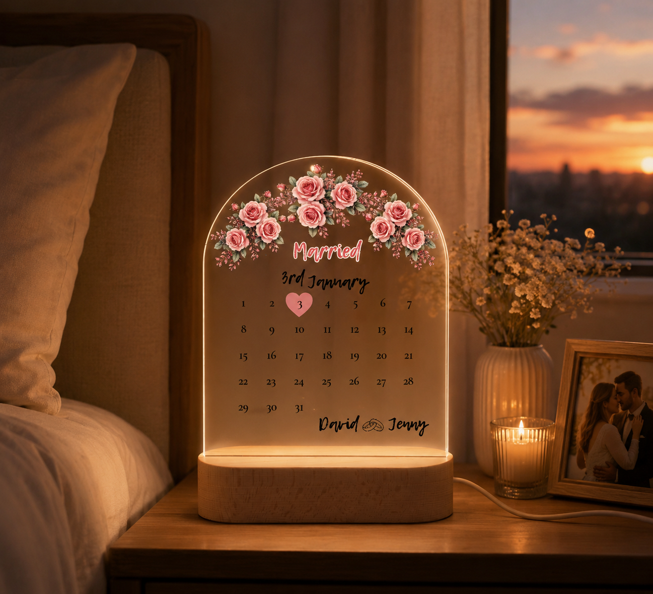 Custom Rose Married Calendar LED Lamp Personalized Wedding Date Night Light Newlywed Gift Acrylic Plaque with Wood Base