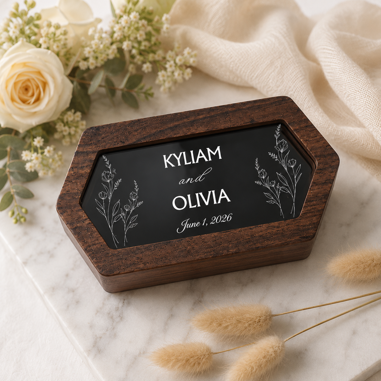 Personalized Wooden Wedding Ring Box - Custom Couple Names and Date Engagement Bearer Holder with Elegant Botanical Line Art Detail