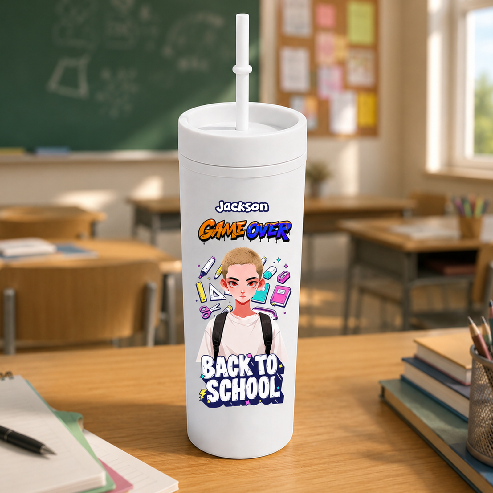 Personalized Game Over Back To School 16oz Plastic Skinny Tumbler with Straw, Custom Name Gamer Themed Reusable Water Bottle for Kids