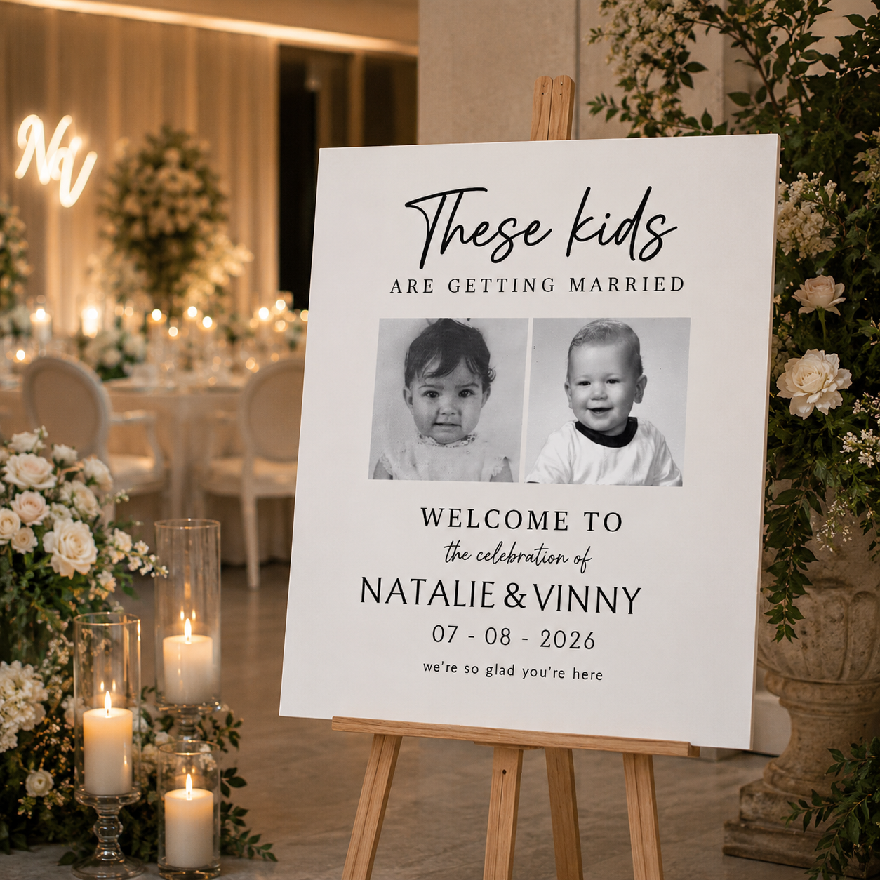 From Childhood to Forever Personalized Wedding Welcome Sign with Custom Childhood Photos and Couple Names Ceremony Decor