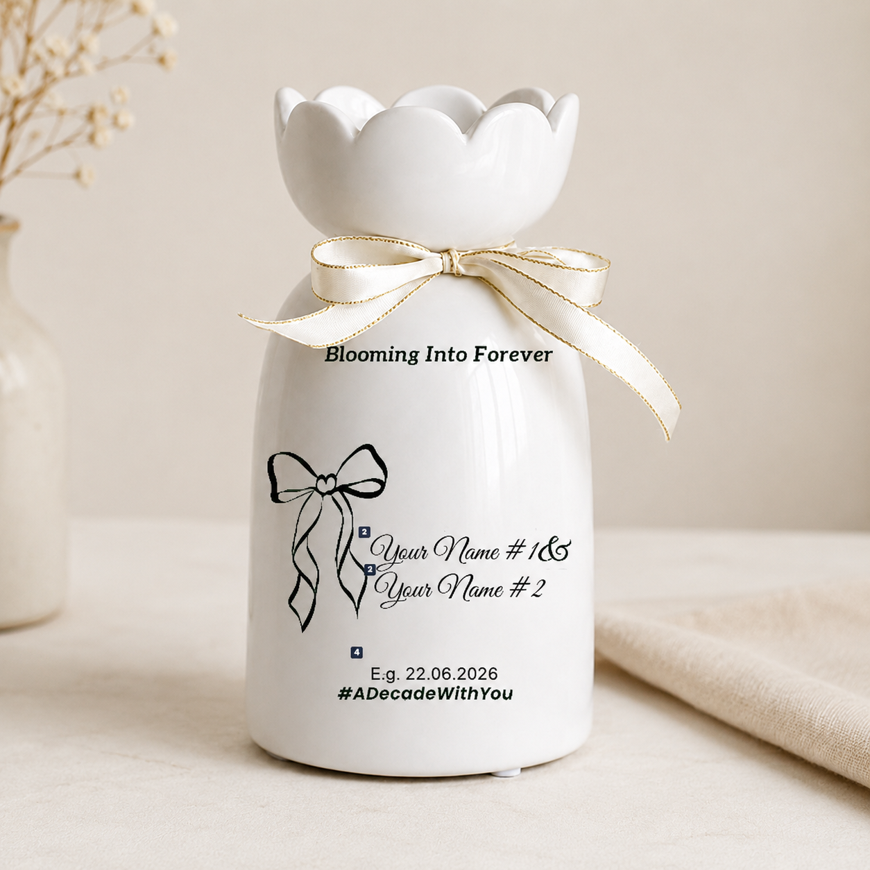 Custom Wedding Vase - Personalized Couple Names and Wedding Date Anniversary Keepsake Gift - White Ceramic Decorative Flower Vase