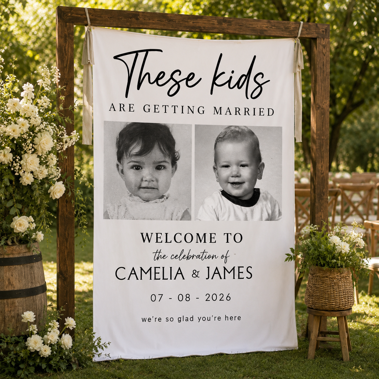 Personalized Wedding Welcome Tapestry Custom Childhood Photo Wedding Banner Couple Photo Welcome Sign Wedding Entrance Decor Backdrop