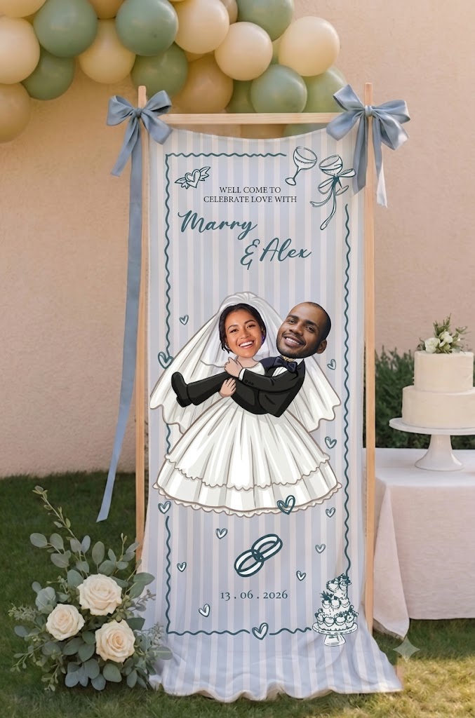 Personalized Wedding Cartoon Face Fabric Banner - Custom Couple Portrait Decoration for Ceremony and Reception Venue Decor
