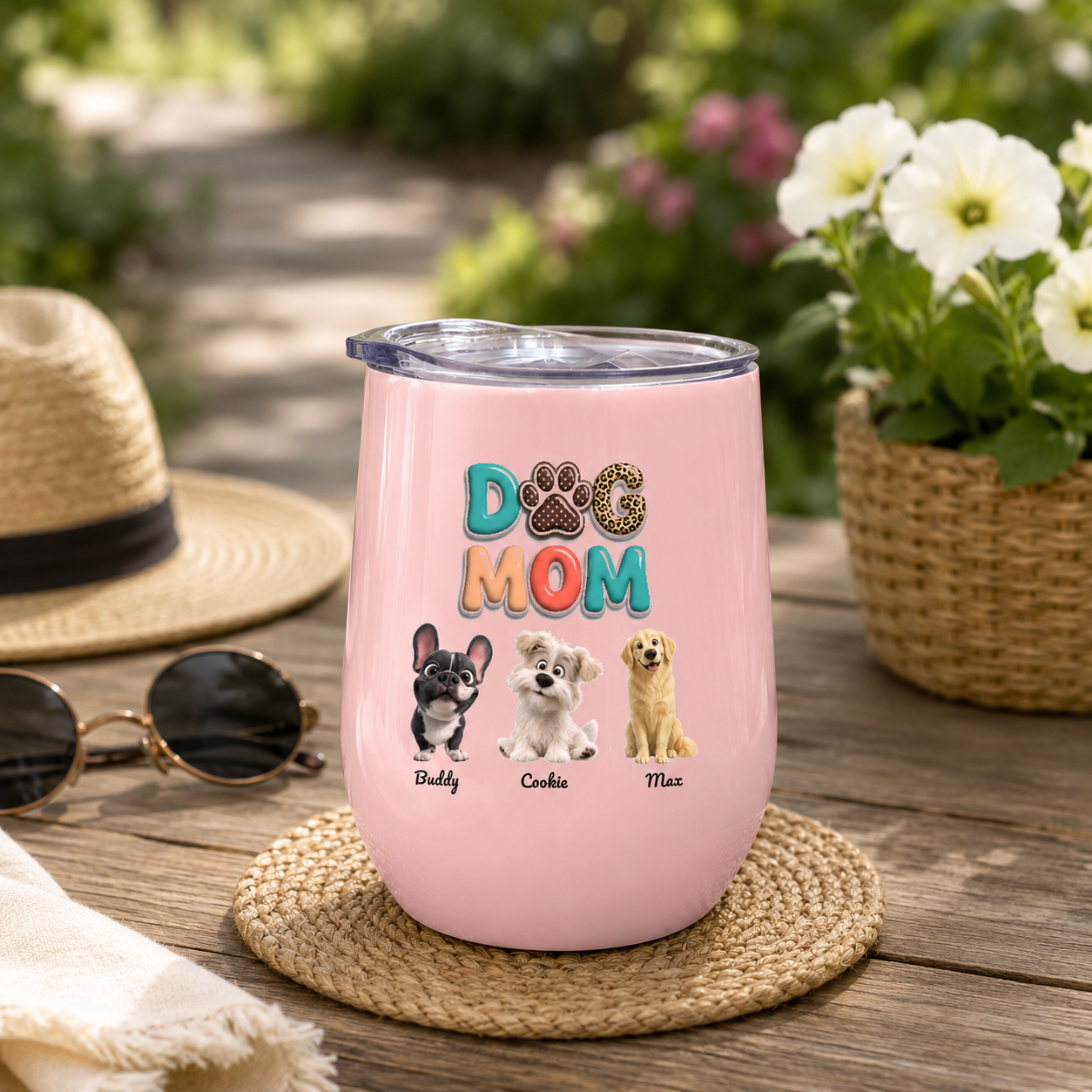 Custom Dog Mom Tumbler - Personalized Pet Portrait Travel Cup with Dog Names, Multi-Color Floral Pet Lover Gift, Insulated Drinkware