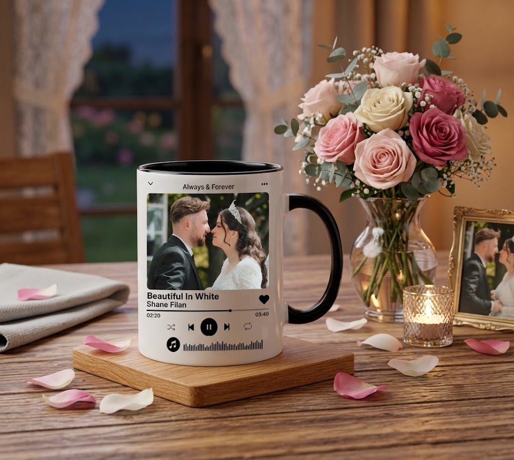 Personalized Photo Music Plaque Coffee Mug for Wedding Songs - Custom Picture Ceramic Cup for Newlyweds and Anniversary Gifts