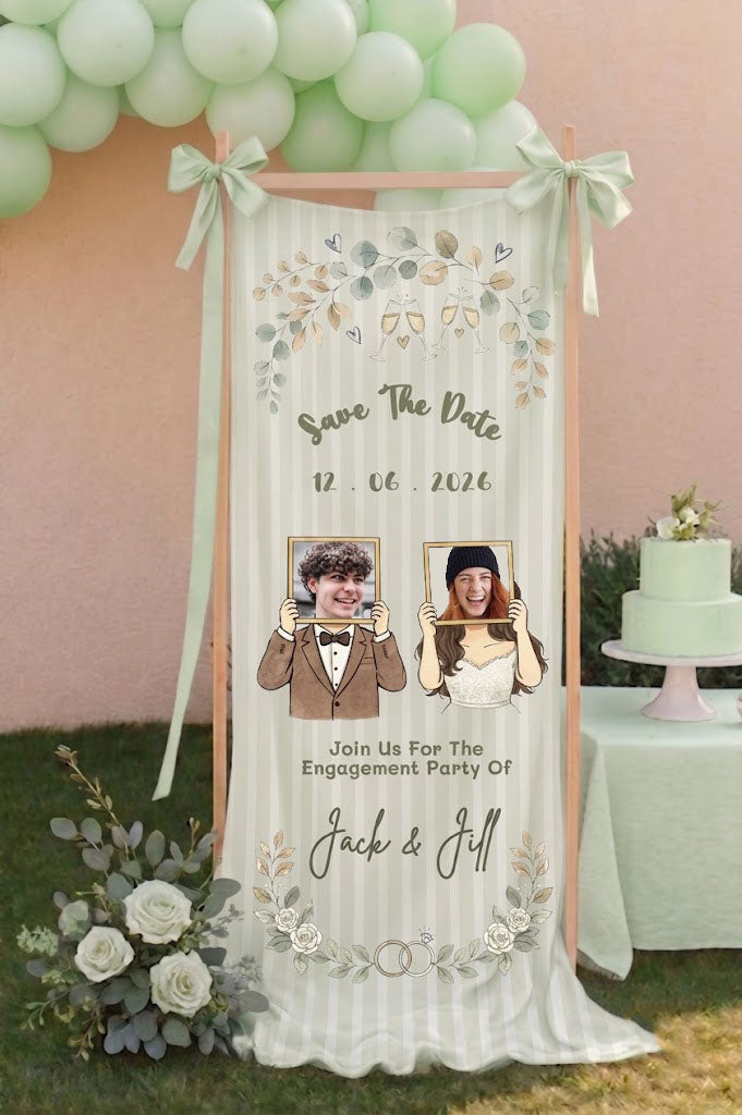 Personalized Engagement Party Fabric Photo Banner - Custom Couple Name and Date Wedding Entrance Backdrop - Durable Lightweight Wall Hanging