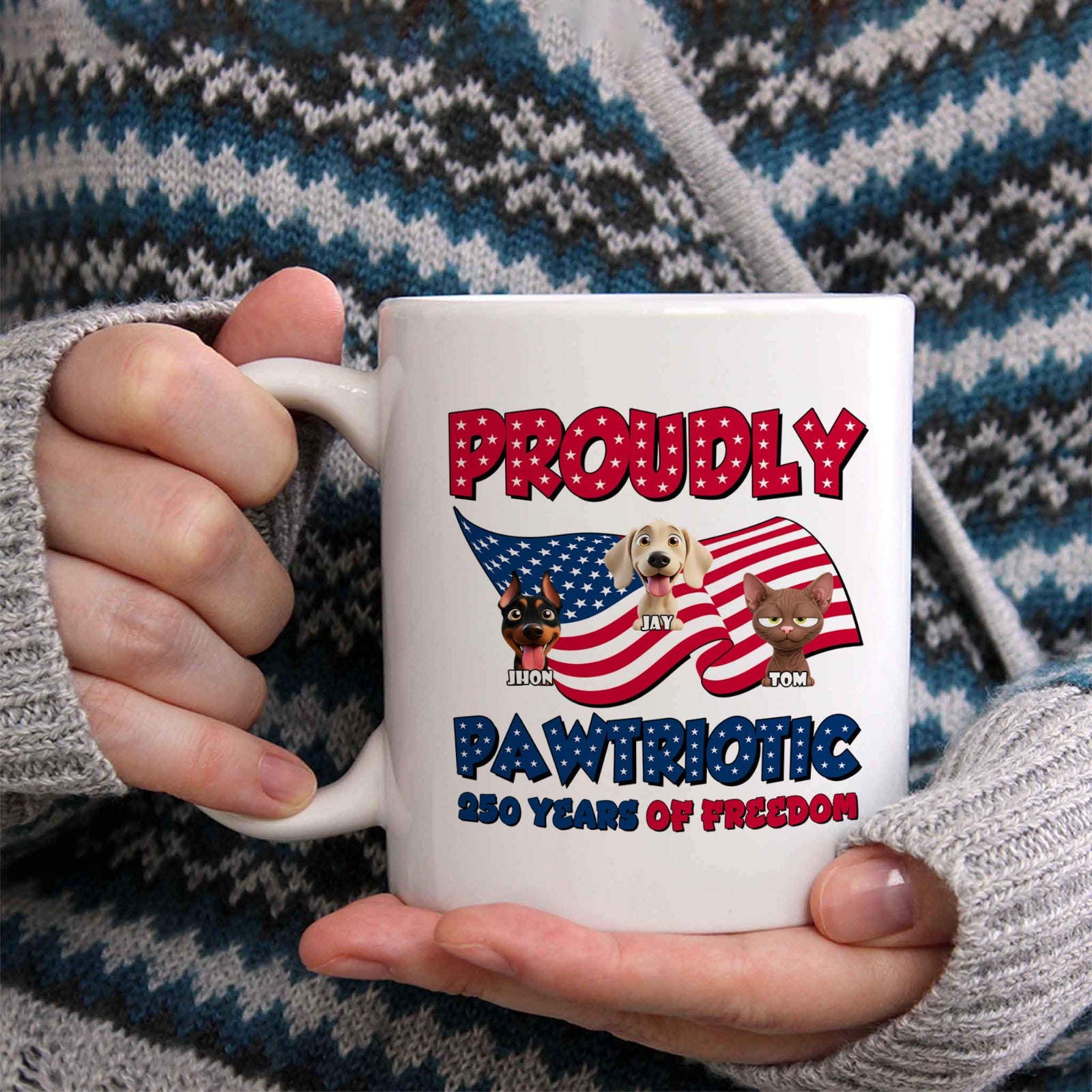 Personalized Proudly Pawtriotic Ceramic Mug, Custom Dog and Cat Name Coffee Cup, 250 Years of Freedom 4th of July Patriotic Gift