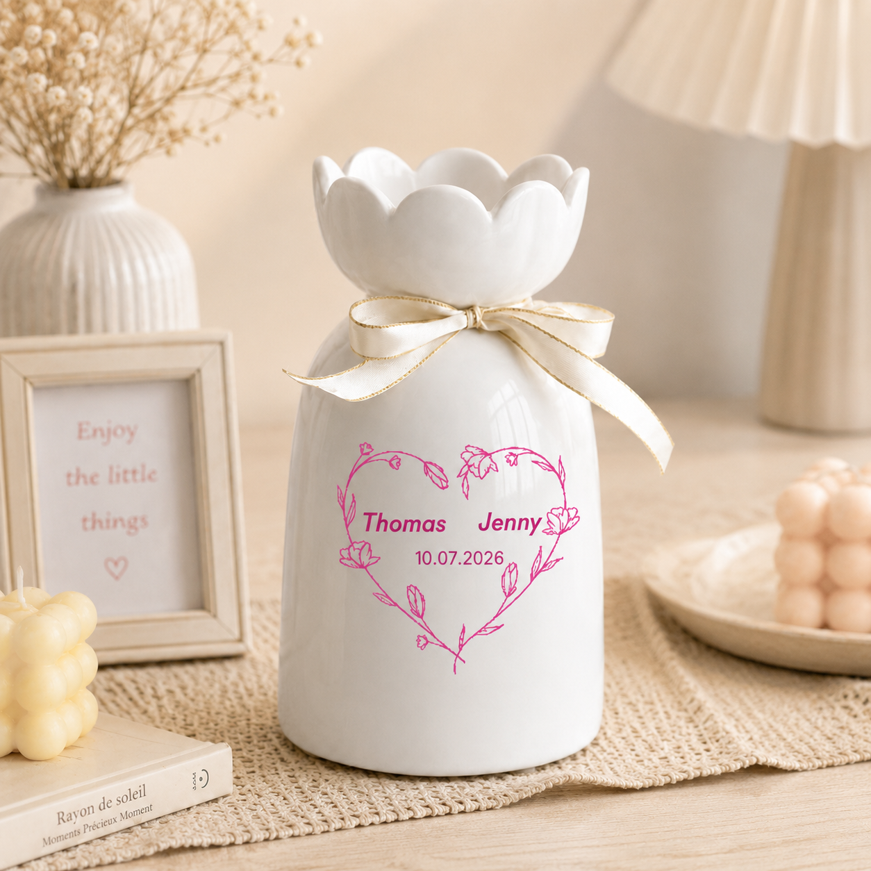 Personalized Anniversary Flower Vase - Custom Couple Names Ceramic Vase for Wedding and Home Decor - Durable White Pottery Floral Holder