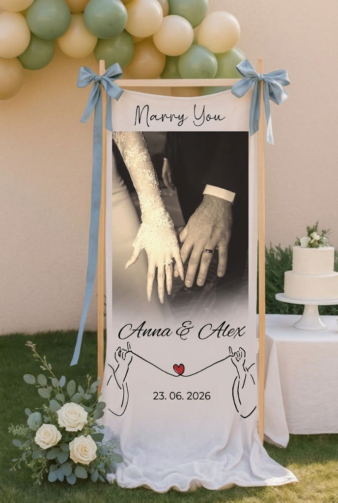 Personalized Marry You Red String Wedding Banner Custom Couple Names Date Fabric Ceremony Backdrop Wall Hanging Decor