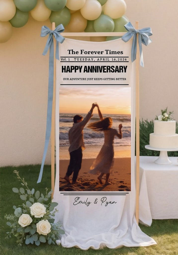 Personalized The Forever Times Wedding Banner Custom Couple Names and Date Newspaper Style Fabric Ceremony Sign