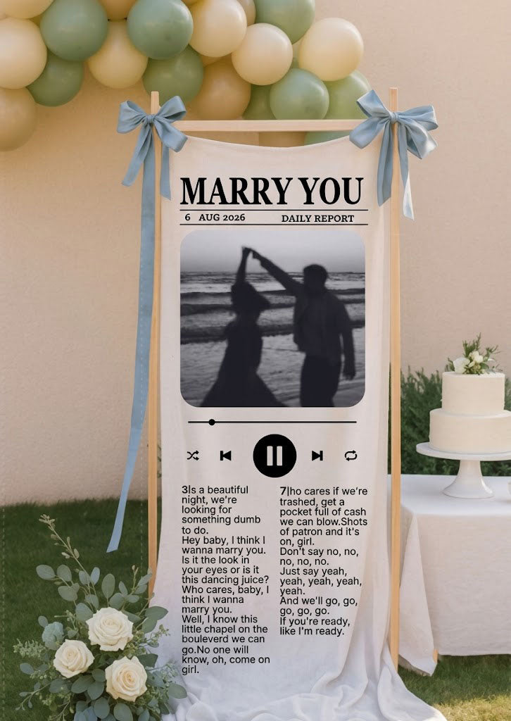 Personalized Marry You Music Lyric Fabric Banner - Custom Wedding Backdrop Wall Art Decor with Personalized Song Lyrics