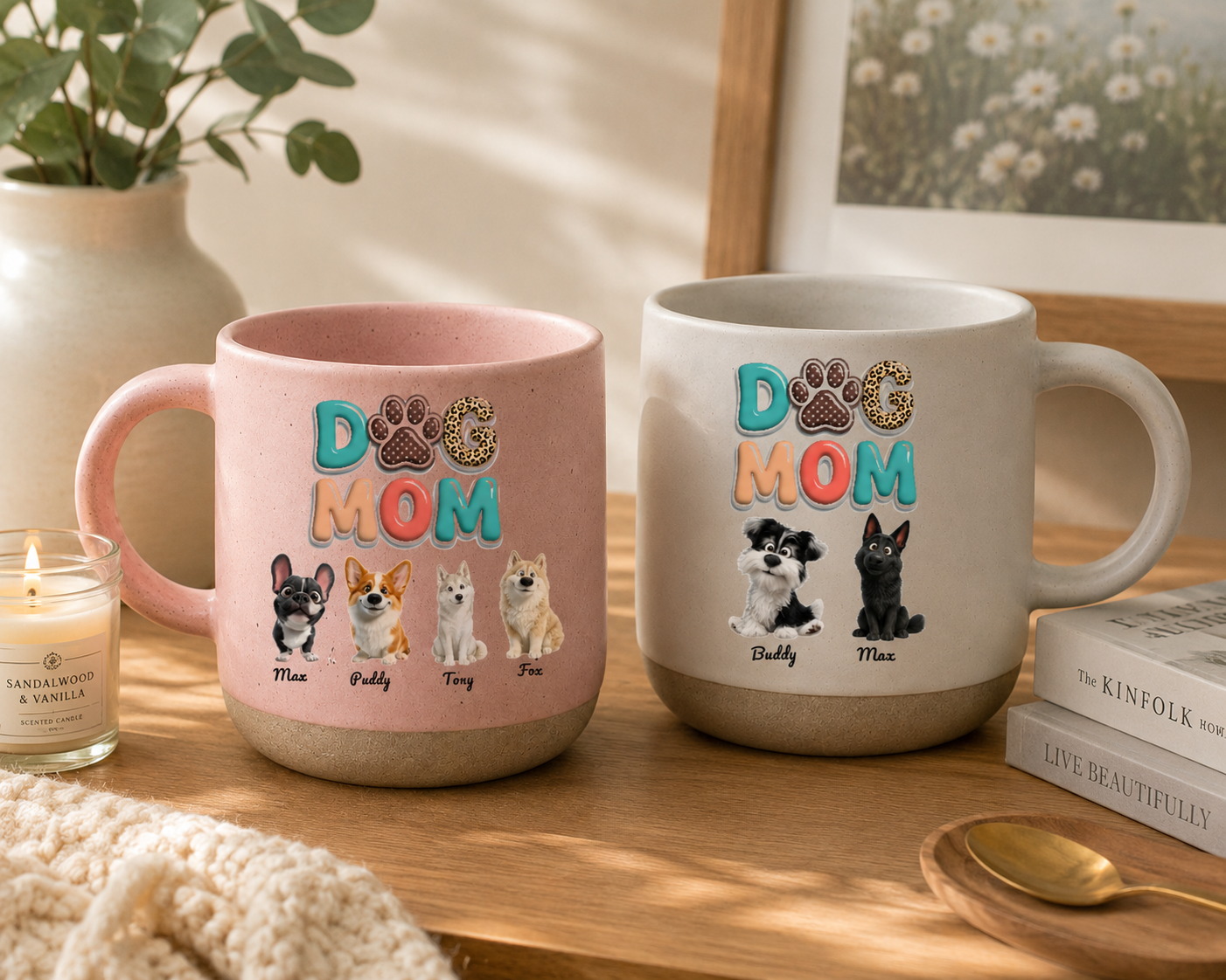 Custom Dog Mom Pottery Mug Personalized Pet Portrait Coffee Cup with Custom Dog Names and Illustration Pet Lover Gift