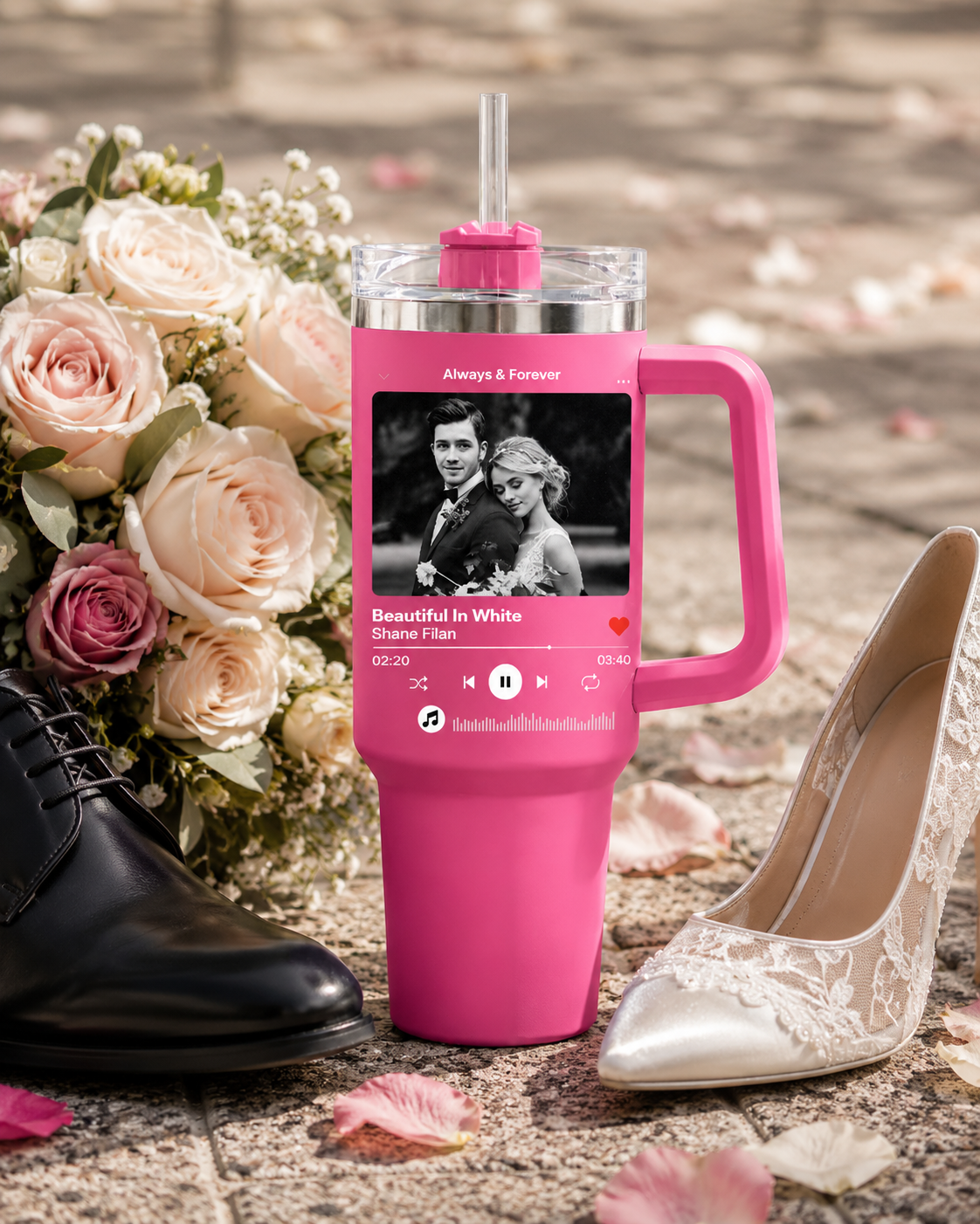 Personalized Photo Music Plaque Coffee Tumbler for Wedding Songs - Custom Picture and Song Title Stainless Steel Travel Mug