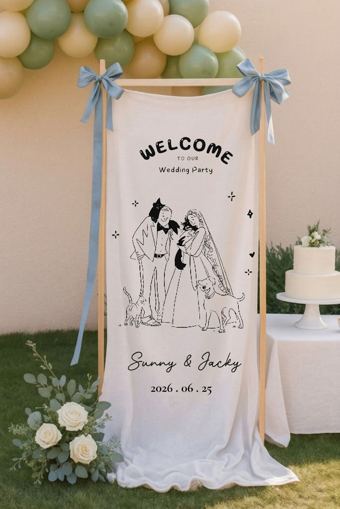 Personalized Wedding Banner Custom Pet Count Illustration Fabric Tapestry Wedding Decor Ceremony Sign Decoration for Dog and Cat Lovers